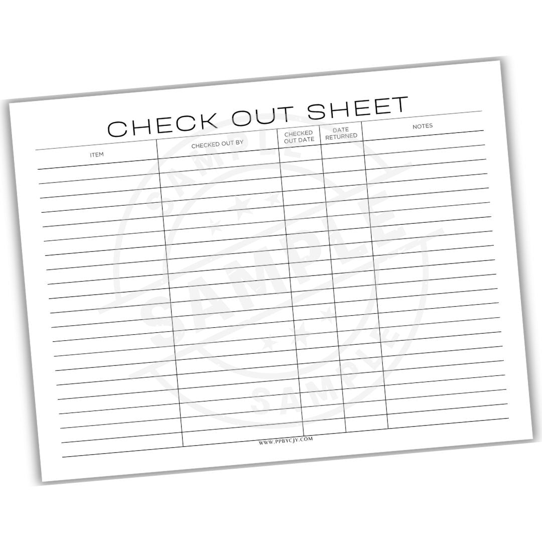 Check out sheet with columns for item, checked out by, checked out date, date returns, and notes on a white background.