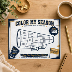 A 'Color My Season' fundraising progress chart styled on a wooden desk with a coffee cup, notebook, and plant.
