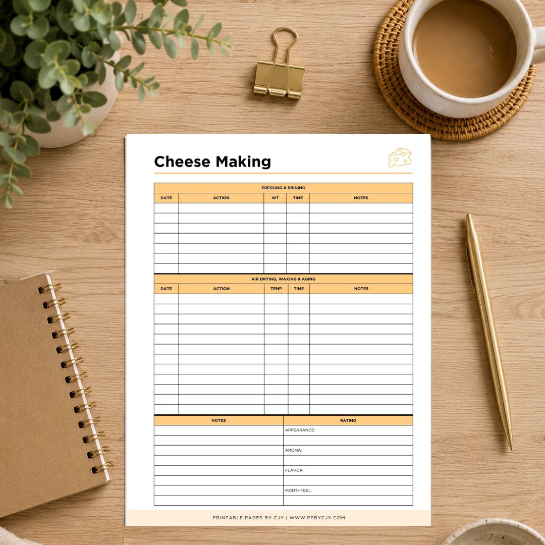 A printable 'Cheese Making' planning sheet displayed on a wooden desk flat-lay. The sheet features a white background with light orange headers and black text.