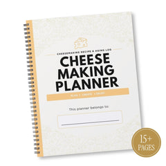 A spiral-bound 'Cheese Making Planner' with a white cover featuring a subtle cream damask pattern, bold black text, and a light orange accent bar. A gold circular badge in the bottom right corner reads '15+ PAGES'.
