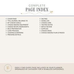 A page index cover for a cheese journal planner, featuring a clean layout with the title 'COMPLETE PAGE INDEX' at the top and a bulleted list of included pages organized by category on a warm beige background.