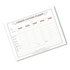 A printable 'Cheese Tasting Flight' chart template shown on a white background. The planner-style grid includes columns for date, temperature, texture, flavor, and notes, with decorative cream illustrations and muted brown headers.