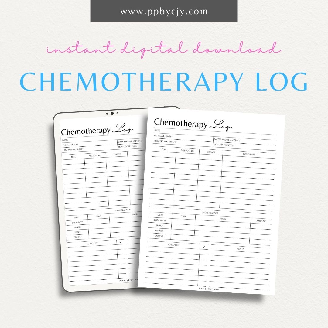 Chemotherapy Log Printable PDF Template for tracking treatment sessions and side effects

