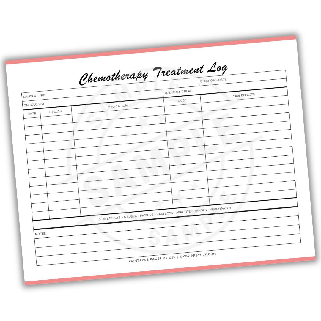 Chemotherapy Treatment Log sheet with columns for treatment details on a white background