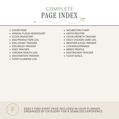 A digital preview of a complete chicken flock management page index planner, showing a bulleted list of included pages on a warm beige background with a thin blue horizontal line.