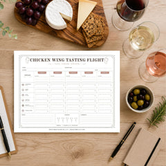 A printable 'chicken wing Tasting Flight' chart laid on a wooden table, surrounded by food props like grapes, cheese, crackers, olives, and wine glasses. The chart is the product being shown, but the scene includes a real tabletop environment and styled props, so this fits Lifestyle rather than Product/Packaging.