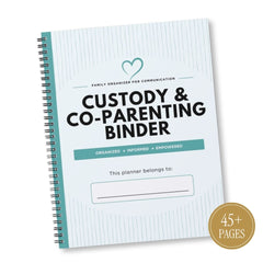 A spiral-bound planner titled 'CUSTODY & CO-PARENTING BINDER' on a white background with a small gold badge reading '45+ PAGES'. The cover is white with light blue pinstripes, a teal heart logo, and teal banner accents, with black text.