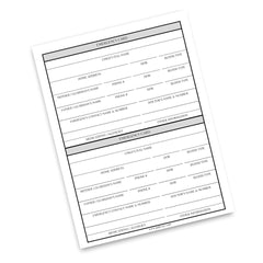 A printed emergency card template shown at an angle on a white background. The card has black text on white paper with gray header bands and includes fields for patient/family names, DOB, blood type, address, phone, and emergency contact information.