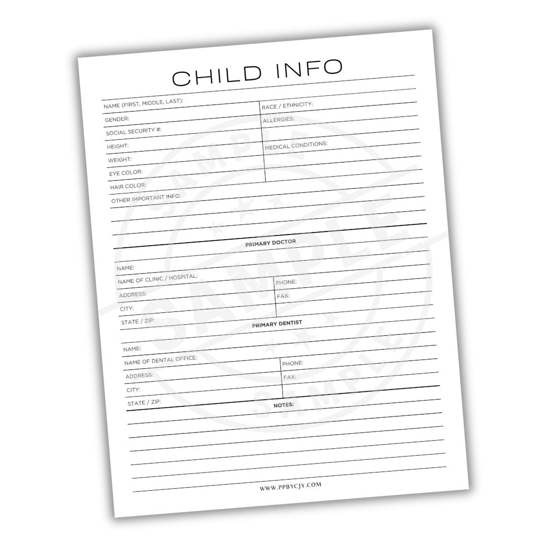 Child information form on a white background