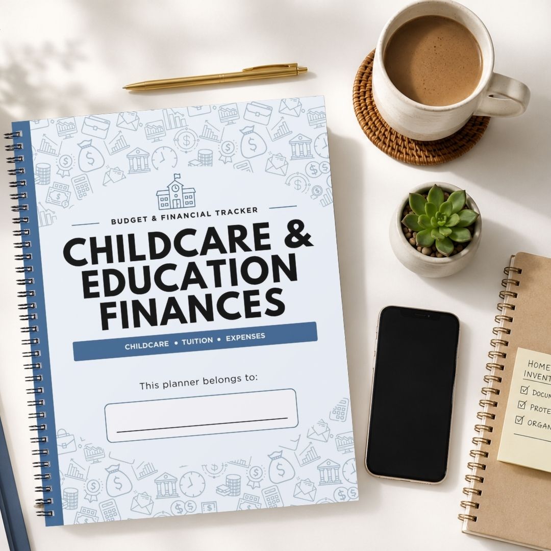A spiral-bound budget and financial tracker planner titled 'Childcare & Education Finances' is shown in a styled flat-lay on a white surface, surrounded by a coffee cup, a small succulent, a smartphone, and other notebooks.