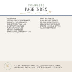 A digital preview of a 'Complete Page Index' for a school planner, showing a list of included pages such as a cover page, budget & finance binder, expense logs, trackers, and allowance tracker on a light beige background.