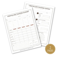 Two printable chocolate tasting note sheets shown on a white background, with a gold circular badge reading '2 PAGES'. The sheets contain structured fields for date, location, temperature, flavor profiles, and notes, plus decorative border lines and small illustrations.