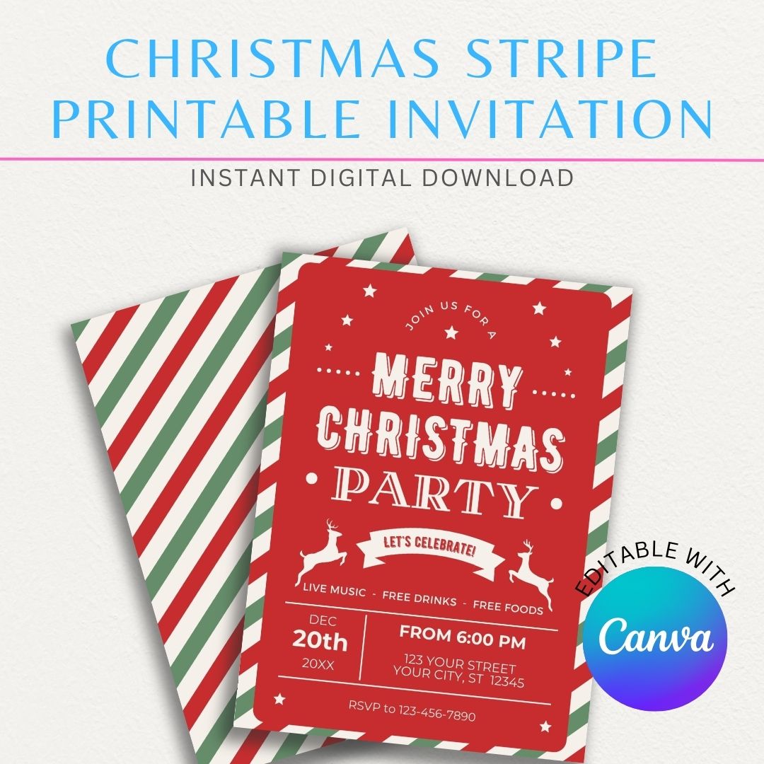 Christmas Candy Cane Stripe Printable Invitation with festive red and white stripes, perfect for holiday parties and winter celebrations.

