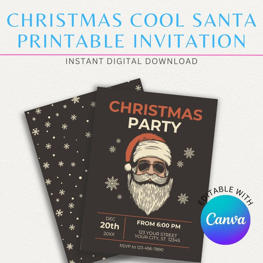 Christmas Cool Santa Printable Invitation Template featuring a stylish Santa wearing sunglasses, perfect for holiday parties and festive celebrations.