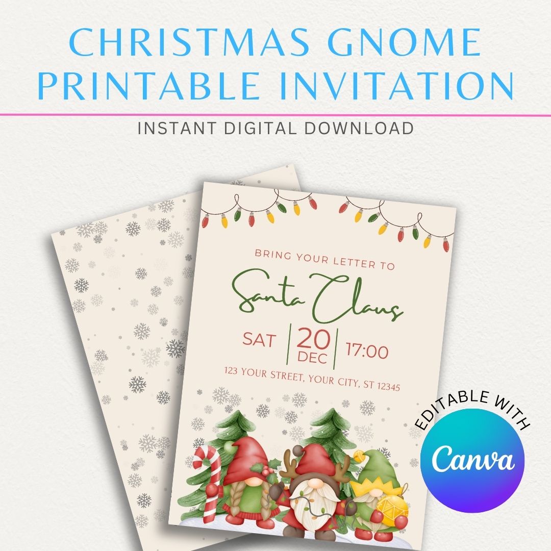 Christmas Gnome Invitation Printable Template featuring a festive gnome in a winter setting, perfect for holiday parties and seasonal gatherings.

