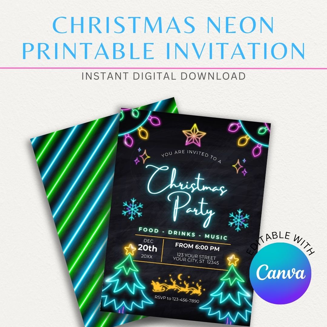 Christmas Neon Invitation Printable Template with bold, glowing neon holiday designs, perfect for festive parties and celebrations.

