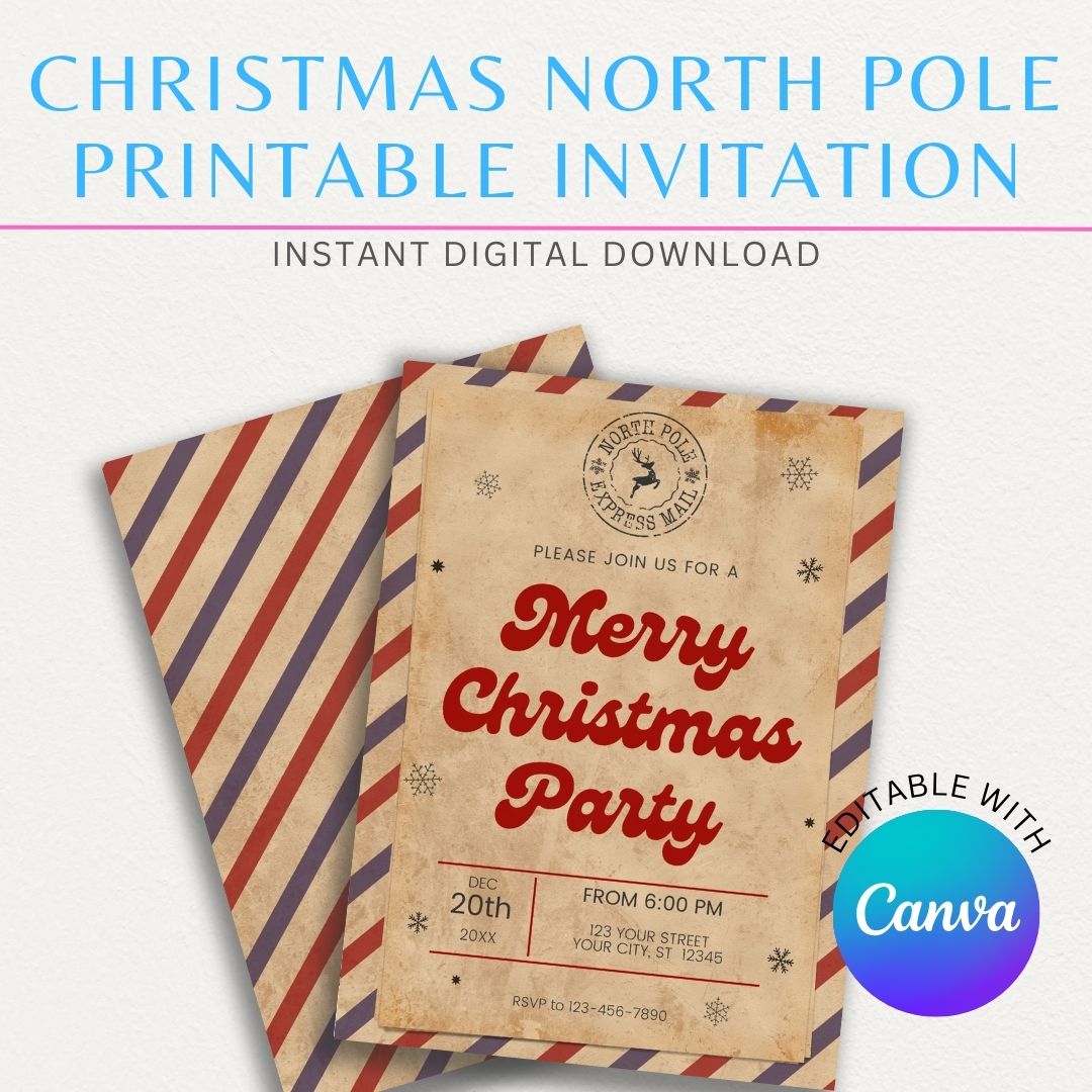 Christmas North Pole Express Vintage Mail Invitation Printable Template featuring antique paper, festive postage stamps, and a classic holiday design.

