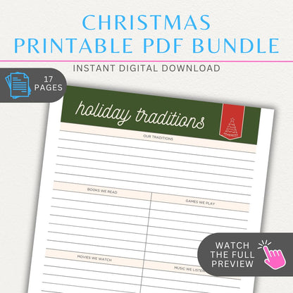 Christmas Planner Printable PDF Template Bundle with decor, meal, gift, and holiday planners.

