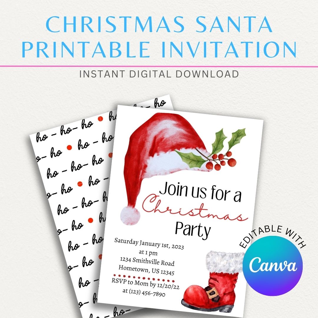 Christmas Santa Hat Invitation Printable Template with festive red and white Santa hat, perfect for holiday parties and celebrations.

