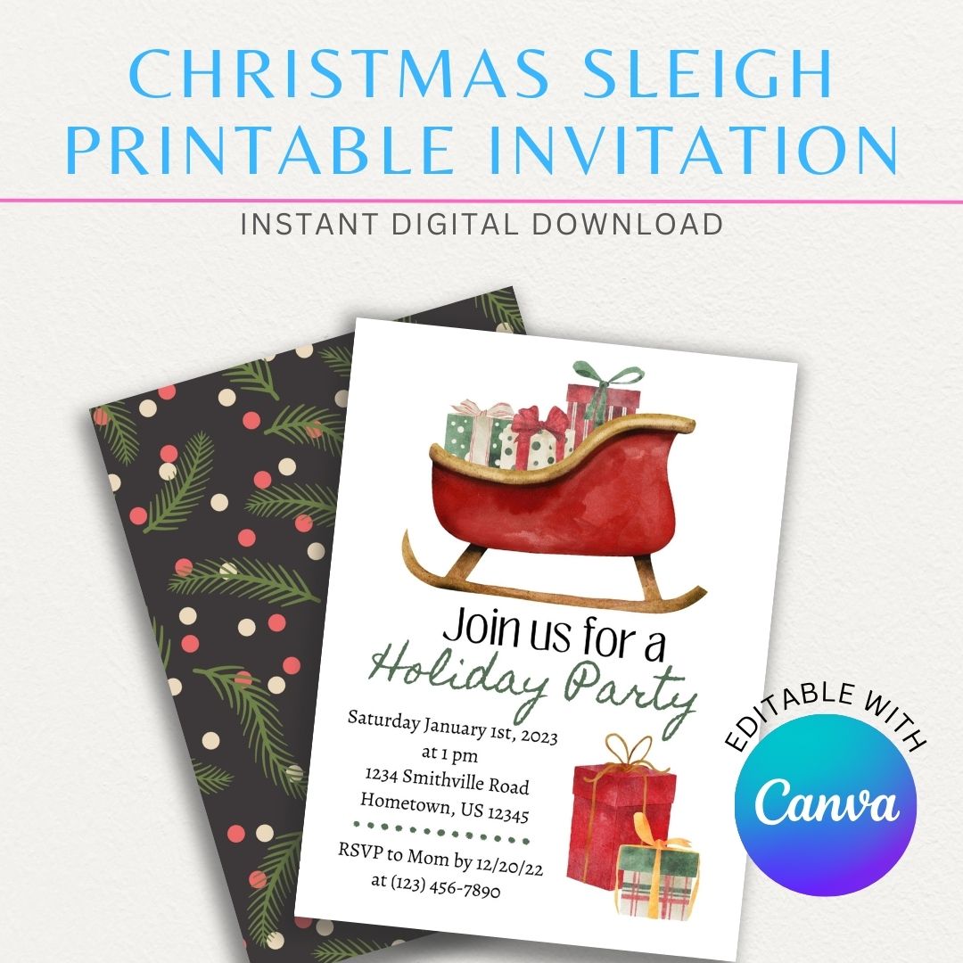 Christmas Sleigh Invitation Printable Template featuring a festive sleigh with holiday-themed decorations, perfect for seasonal celebrations.

