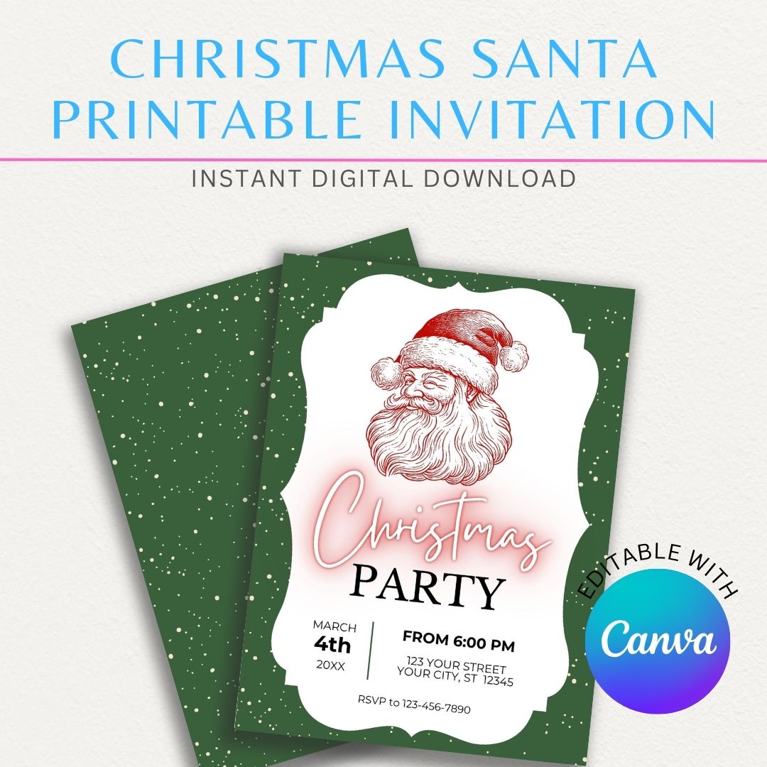 Christmas Winking Santa Printable Invitation featuring a cheerful Santa Claus with a playful wink, perfect for holiday parties and festive gatherings.

