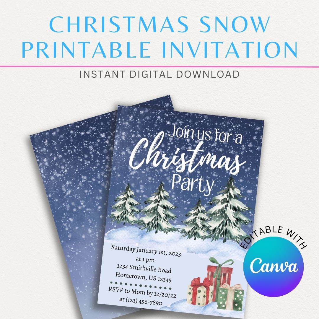 Christmas Snow Winter Printable Invitation Template featuring elegant snowflakes and a frosty winter design, perfect for holiday celebrations.

