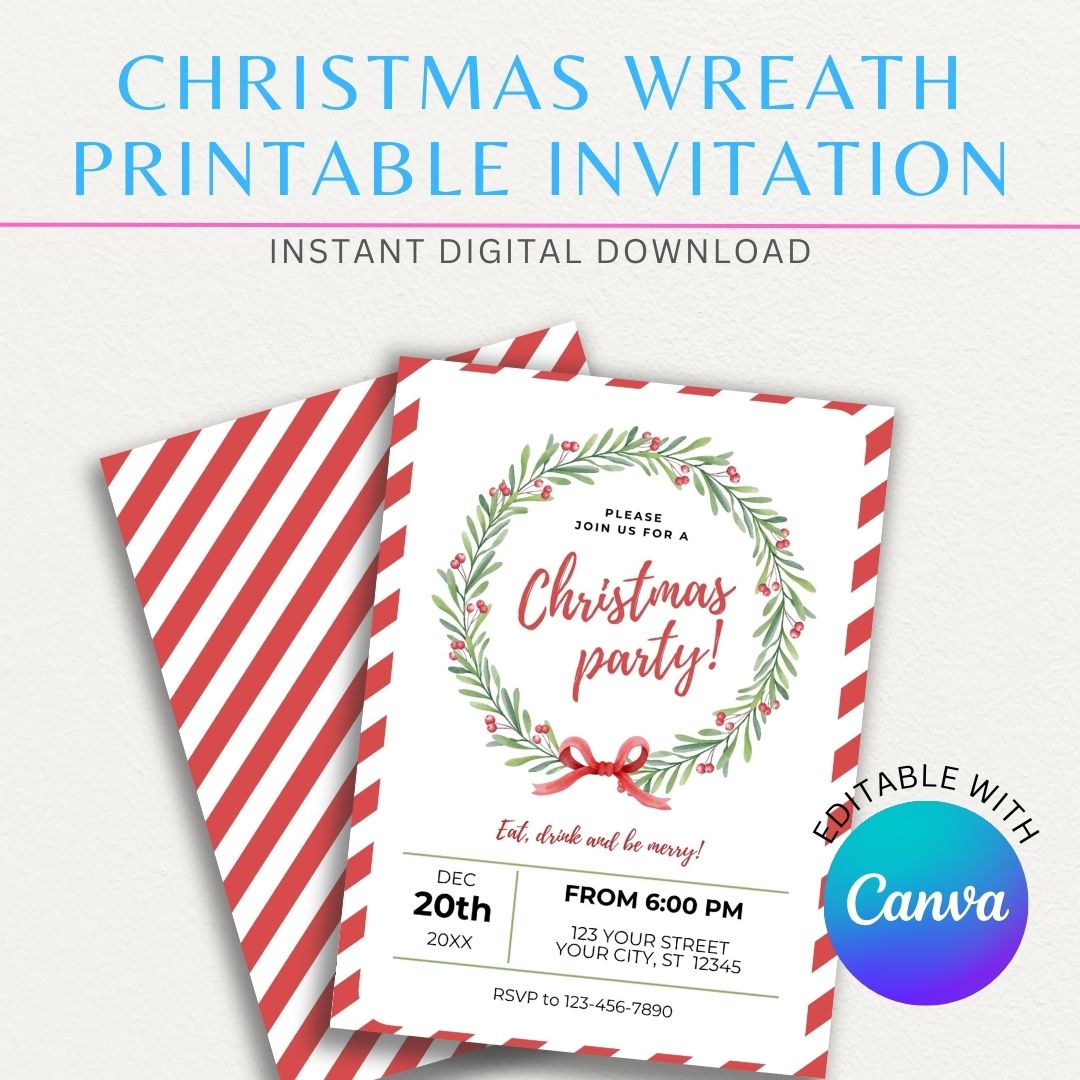 Christmas Wreath Printable Invitation Template featuring a festive wreath with holly, berries, and a bow, perfect for holiday celebrations.

