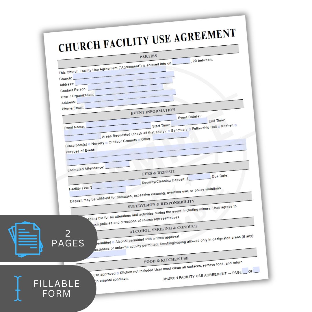 Church facility use agreement form on a white background
