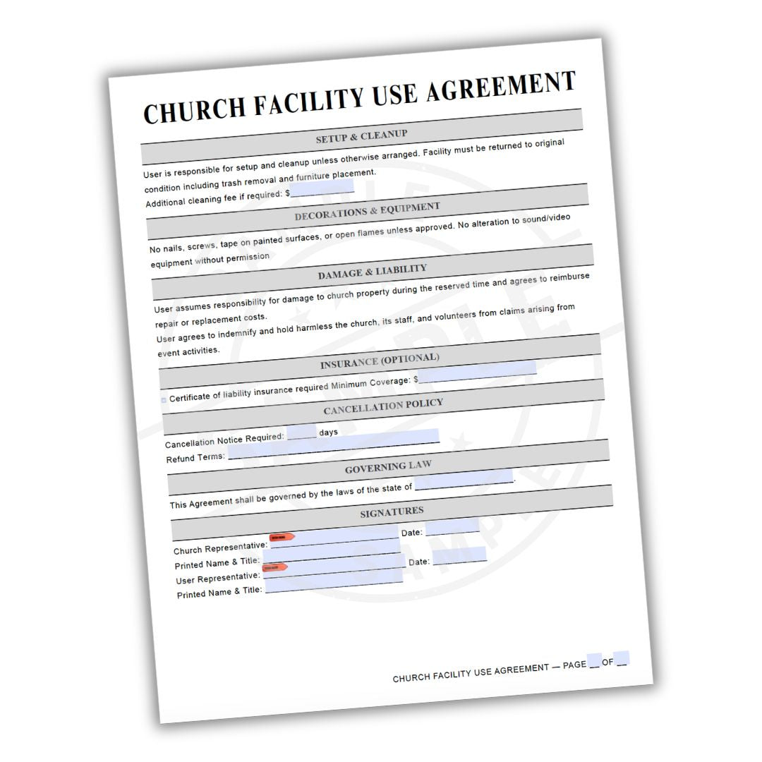 Church facility use agreement form on a white background