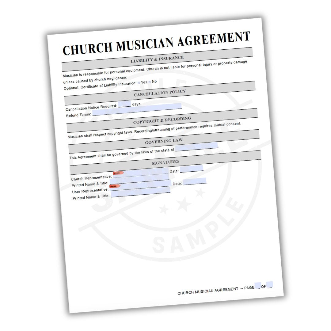 Church Musician Agreement form on a white background