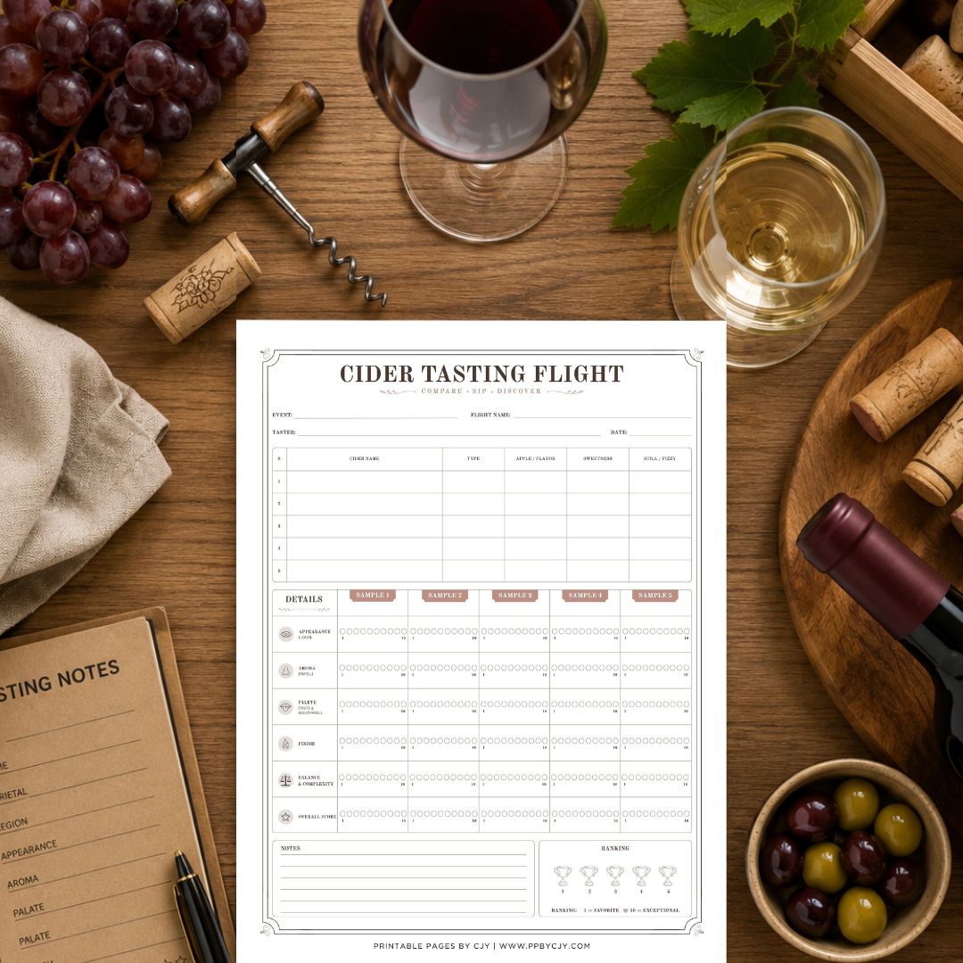 A printable 'cider TASTING FLIGHT' worksheet sheet centered on a rustic wooden table surrounded by wine glasses, grapes, olives, corks, and a wine bottle.