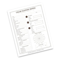 A single printed 'Cigar Tasting Notes' sheet with lined fields, rating circles, flavor axes, and a polar-style flavor graph, shown on a white background with a soft shadow.