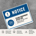 Printable Clean Equipment After Use notice sign featuring a professional blue notice design, cleaning symbol, and hygiene reminder message for shared equipment and work areas.
