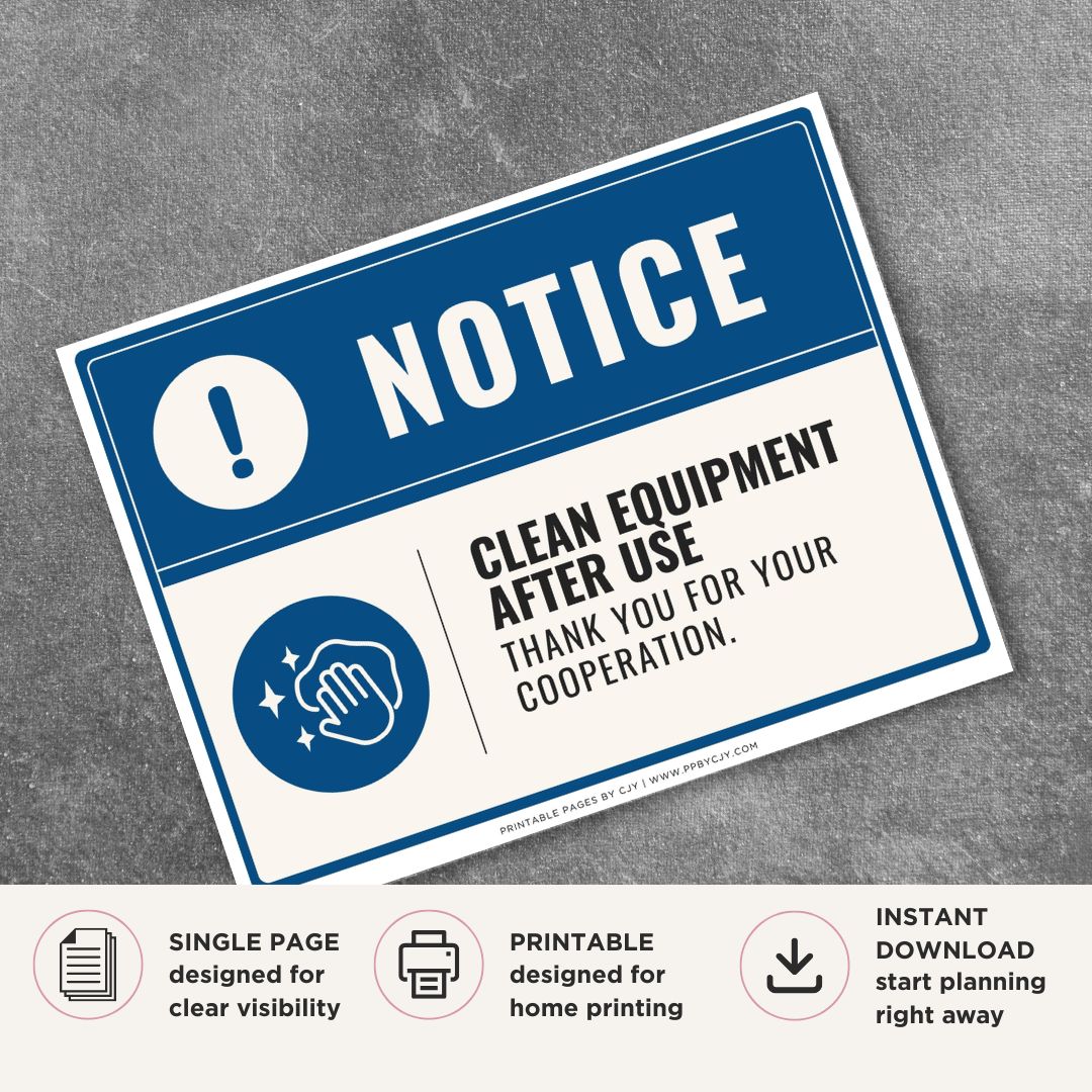 Printable Clean Equipment After Use notice sign featuring a professional blue notice design, cleaning symbol, and hygiene reminder message for shared equipment and work areas.
