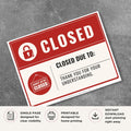 Printable Closed Due To sign featuring a red closure notice design, write-in area for closure reasons, and thank you for your understanding message for businesses and public facilities.
