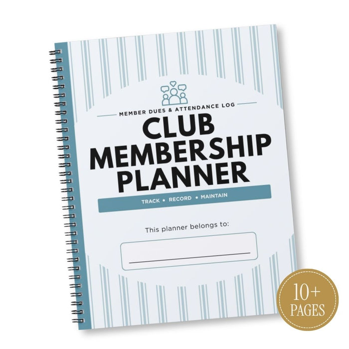 Club Membership Planner spiral notebook with a white cover featuring light blue stripes, bold black text, and a gold '10+ PAGES' badge on the bottom right.