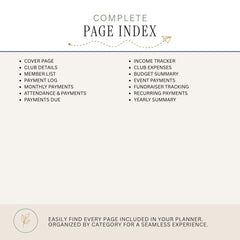 A digital preview of a 'Complete Page Index' for a planner, showing a list of included pages organized in two columns on a light beige background with a white header.