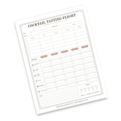 A single printed cocktail tasting flight sheet shown at an angle on a white background. The page has a decorative border and columns for date, host, guests, and notes, with labeled rows for wines and spirits.