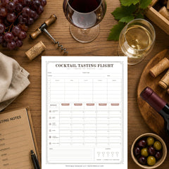 A printable 'cocktail TASTING FLIGHT' worksheet sheet centered on a rustic wooden table surrounded by wine glasses, grapes, olives, corks, and a wine bottle.