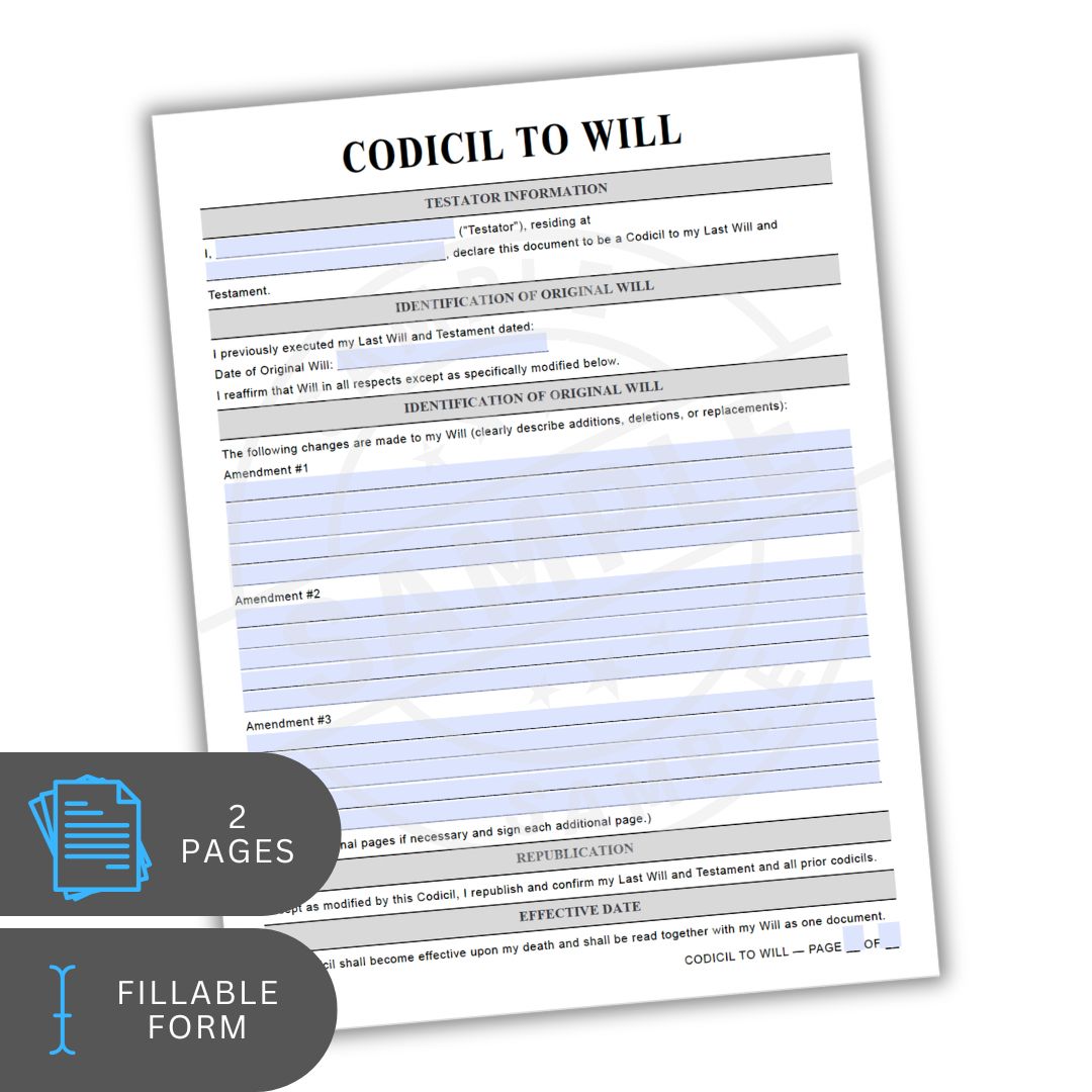 CODICIL TO WILL form with fillable text on a white background
