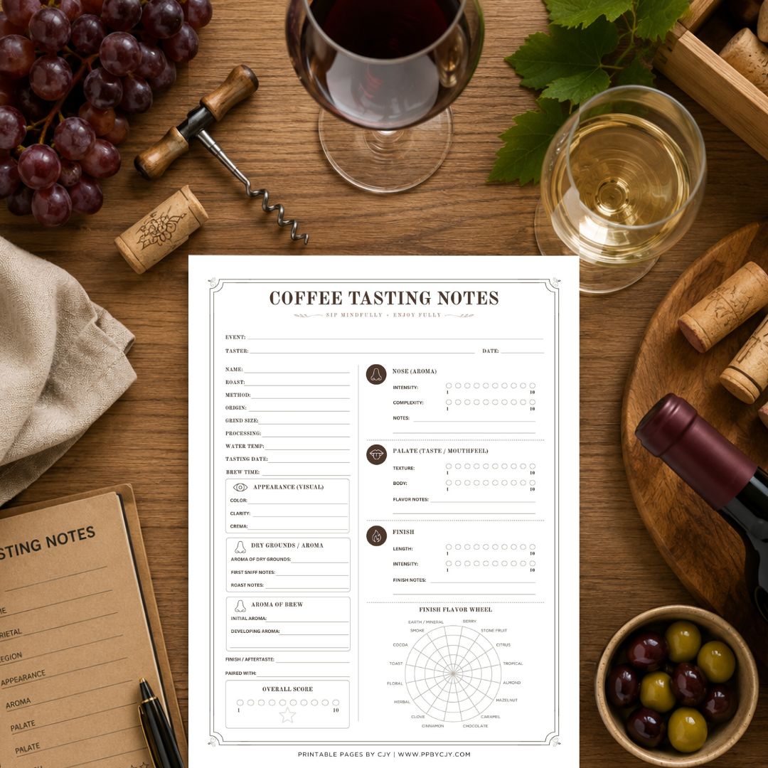 A coffee tasting notes template sheet is displayed on a rustic wooden table surrounded by wine glasses, grapes, olives, corks, and a wine bottle, suggesting a wine and coffee pairing theme.