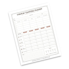 A printed 'Cognac Tasting Flight' form sheet with structured columns for notes, scores, and a ratings scale, shown on a clean white background.
