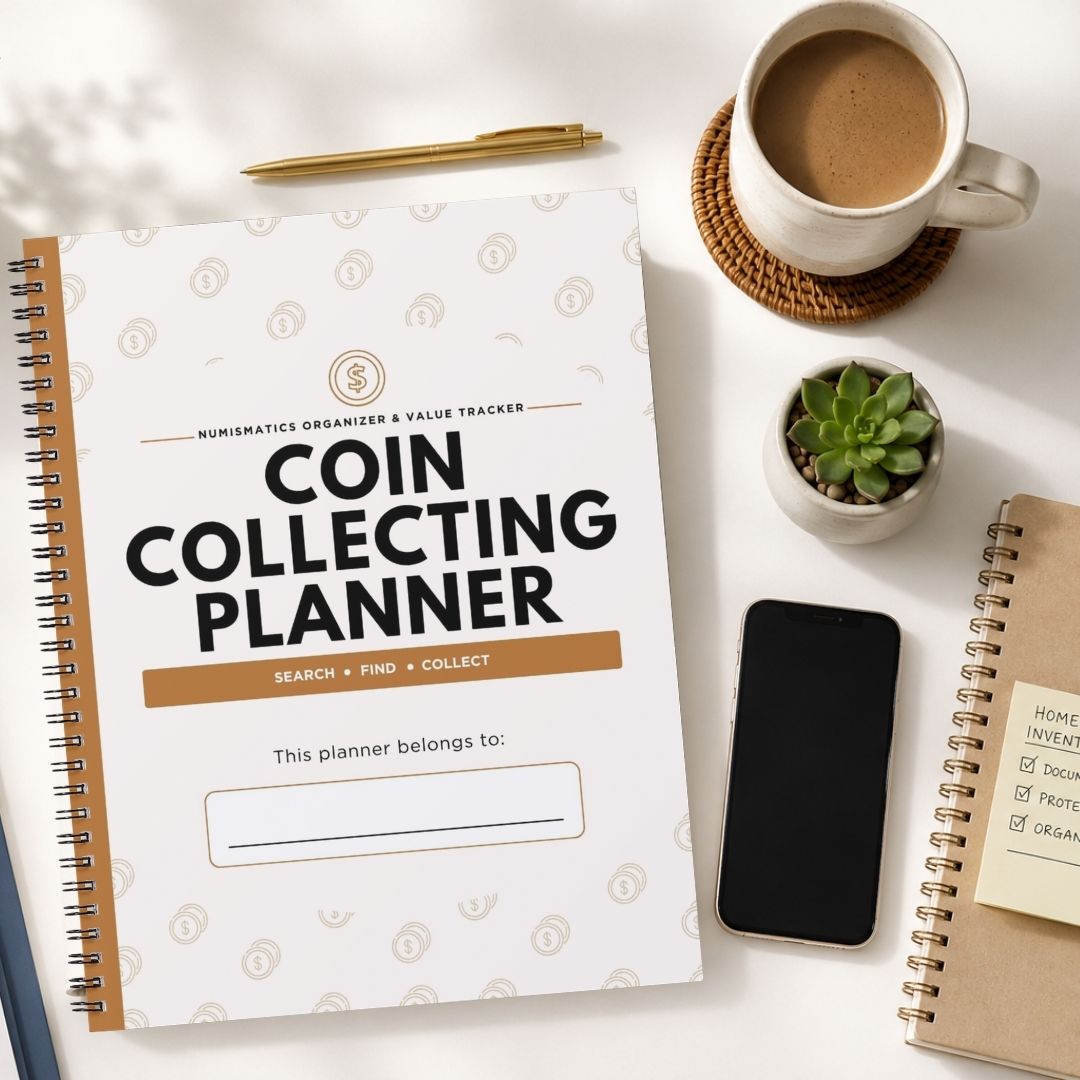 A spiral-bound Coin Collecting Planner lies on a white surface, surrounded by a cup of coffee on a woven coaster, a small potted succulent, a smartphone, and another notebook. The planner cover is white with black text reading 'COIN COLLECTING PLANNER' and subtle gold-toned circular motifs.