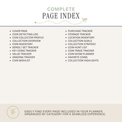 A page index outline for a coin collector's planner, featuring a list of included pages such as cover page, coin detecting log, collection overview, purchase tracker, and storage tracker, on a light beige background with a dark blue horizontal line.