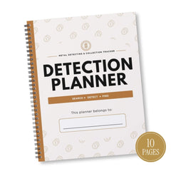 A spiral-bound 'Detection Planner' for metal detecting and collection tracking, featuring a cream cover with black text, a tan accent bar, and a gold seal indicating 10 pages.
