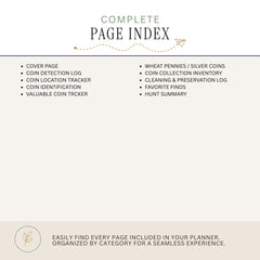A page index cover for a coin and collectible planner, featuring a clean beige background with black and gray text listing topics such as cover page, coin detection log, coin location tracker, coin identification, valuable coin tracker, wheat pennies / silver coins, coin collection inventory, cleaning & preservation log, favorite finds, and hunt summary.