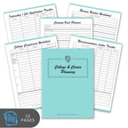 Collection of college and career planning worksheets with a blue notebook labeled 'College & Career Planning'.