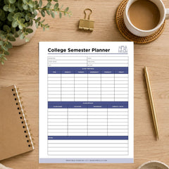 A printable College Semester Planner sheet displayed on a wooden desk with a coffee cup, pen, binder clip, notebook, and plant.