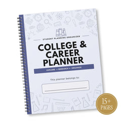 A spiral-bound College & Career Planner notebook shown at an angle on a white background. The cover is white with light blue line-art illustrations of study and career-related icons, bold black text, and a dark blue band reading 'EXPLORE • RESEARCH • ORGANIZE'.