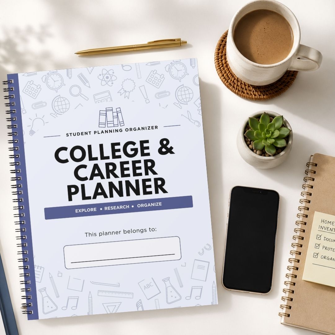 A spiral-bound College & Career Planner notebook is shown in a styled flat-lay arrangement on a white desk, surrounded by a coffee cup, a pen, a small succulent, a smartphone, and another notebook.